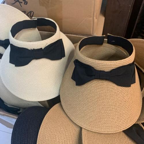 Spring Summer Bowknot Straw Hats For Women Empty Top Hat Female Sunscreen Beach Ponytail Retro Sun Hat Visor Casquette Femme Ete