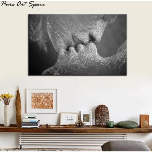 Modern Black and White Wall Art Love Kiss Art Paintings Tree Root Kissing Figure Canvas Modern Love Paintings for Bedroom