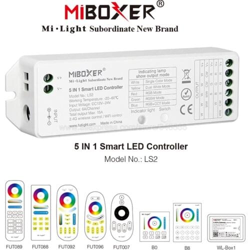 DC12V 24V 15A Miboxer LS2 5 in 1 Smart LED Controller for Single Color, CCT, RGB, RGBW, RGB+CCT LED Strip 2.4G Wireless Remote