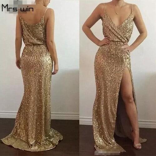 Mrs win Evening Dresses Plus Size Gold Sequins Elegant Party Dresses 2020 Elegant V-neck Sling Split Long Robe De Soiree HR082