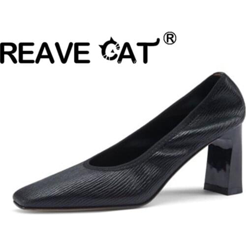 REAVE CAT 2021 Spring Concise Elegant Striped Pumps Square Toe Stretch Fabric Slip-On 7cm Chunky High Heel Big Size 33-41 Beige