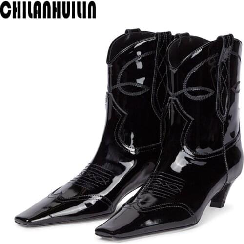 Women western cowgirl quality leather ankle booties pointed toe autumn winter rubber sexy high heel gothic designer shoes women