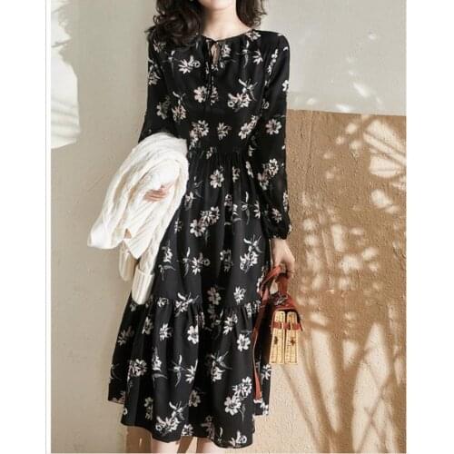 Autumn Winter Women Dress 2020 Vintage Black Floral Printed Long Sleeve O Neck Bottoming Lady Dress Korean Slim Fit Vestidos