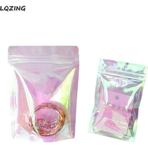 100Pcs Iridescent Pink Ziplock Bag Pouches Cosmetic Plastic Laser Transparent Bag Holographic Makeup Bags Jewellry Zipper Bag