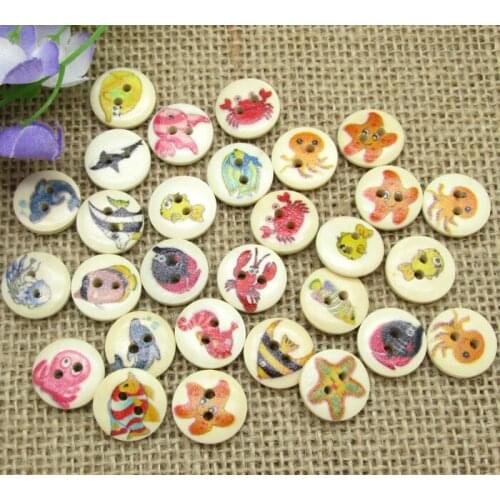 100ps Fashion Mixed Natural Round Sea World Series Pattern Wooden Buttons For Clothes Crafts Sewing Scrapbooking DIY Accessorie