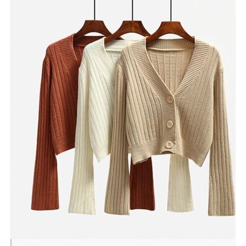 2021 Autumn Winter Cardigan Flare Sleeve Short Sweater Women Ribbed Knitted Cotton Tops Black White Ladies Soft Outwear Female