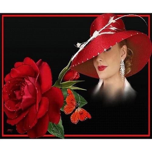 Diamond Painting Full Square Round Diamond Mosaic Wall art rose hat woman Diy Diamonds Embroidery Hobby Pictures by number L921