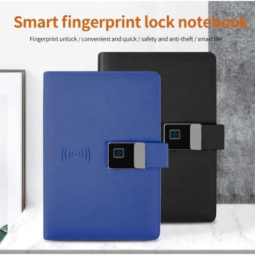 Leather fingerprint lock Business notebook with 16G hidden U disk smart wireless charger diary, with mobile power 10000mAh