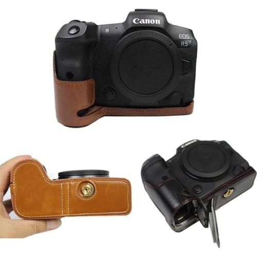 PU leather case Camera bag For Canon EOS R5 R6 DSLR Protective handle base Half body cover portable With Battery Opening