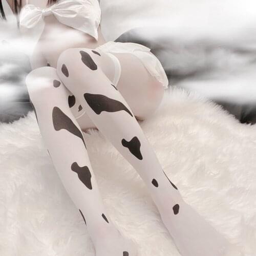 Womens Cosplay Stockings Kawaii Cow Spots Printed Thigh High Stockings Cute Lovely Milk Pantyhose Medias De Mujer
