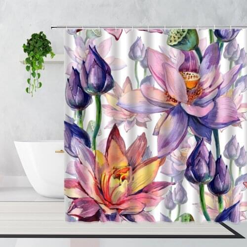 Colorful Hand-Painted Flowers Shower Curtain Purple Lotus Tulip Home Decoration Background Bathroom Waterproof Bath Curtains Set