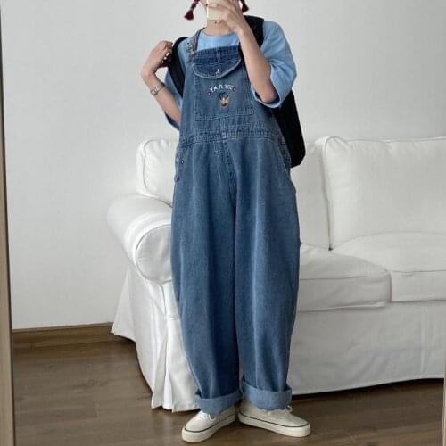 Disney Summer Loose Embroidered Denim Overalls Ins Printed Goofy Cartoon Young Cute Female Cuffed Wide-leg Pants Free Shipping