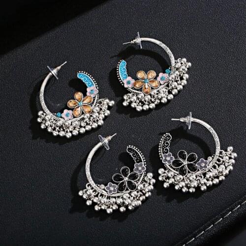 Ethnic Womens Silver CZ Flower Jhumka Earrings Femmes Vintage Palace Dripping Oil Earrings Orecchini Donna Vintage Earring