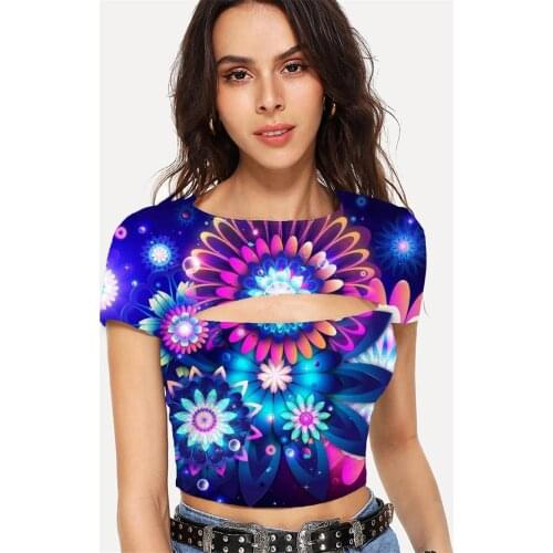 Somepet Flower T shirt Women Colorful Shirt Print Dizziness Navel Bare Art Tshirt Printed Womens Clothing Punk Rock Fashion