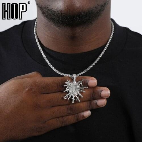 Hip Hop Shield With Daggers Bling Cubic Zirconia Stones Necklaces & Pendants For Men Rapper Jewelry With Solid Back
