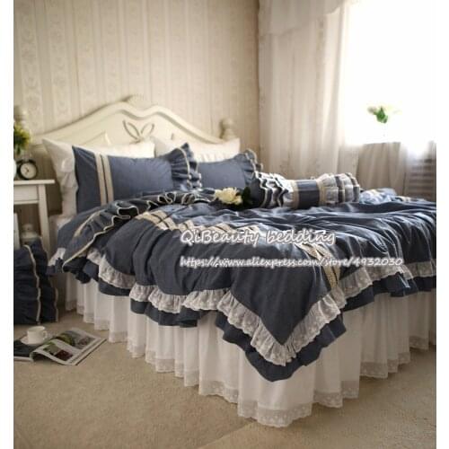 Nordic Simple Blue Washed Cotton Lace Cotton Bed Skirt Bedding Quilt Cover