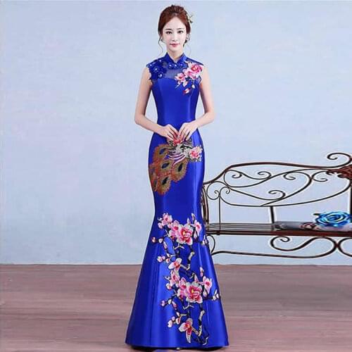 Royal Blue Embroidery Phoenix Cheongsam Chinese Evening Dress Woman Traditional Robe Orientale Sexy Qipao Vintage Wedding Modern