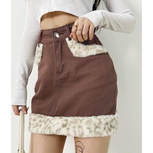 Leopard Faux Fur Mini Skirt Sexy Bodycon Fashion Button Pocket Skirts 2021 Streetwear High Waist Elelant Vintage Women Skirt