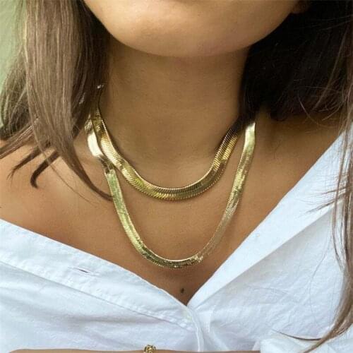 Multi Layered Flat Blade Snake Link Chain Choker Necklace Women Vintage Jewelry Metal Simple Gold Color Collar Necklace