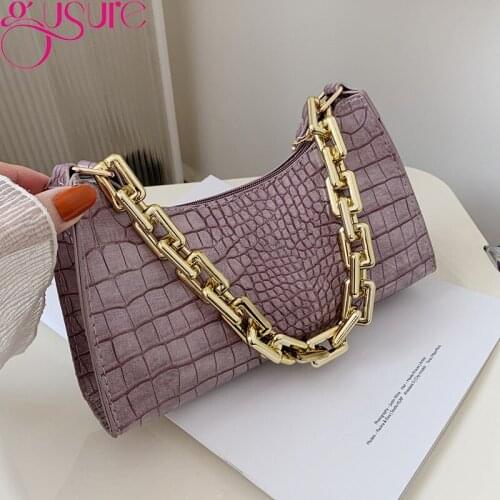 Gusure Fashion Women PU Leather Chain Handbags Purse Solid Color Crocodile Pattern Lady Underarm Shoulder Bags Small Hobos Bag