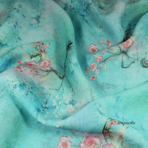 Original design light green bottom pure ramie printed fabric