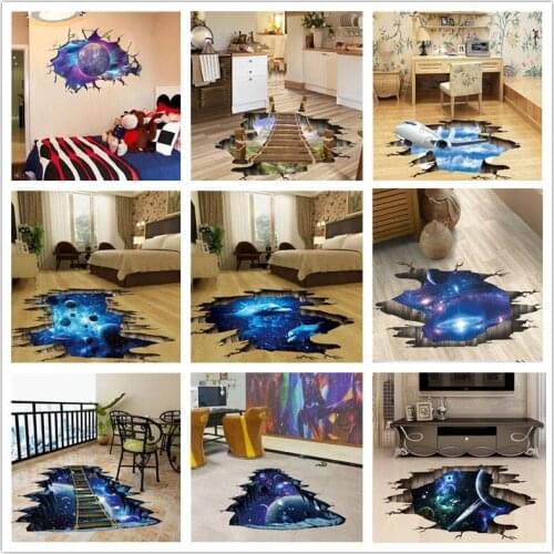 2019 3D Broken Wall Stickers Space Earth Floor Decorative Decals DIY Self Adhesive Funny Home Decor Mural For Kids Room Bedroom