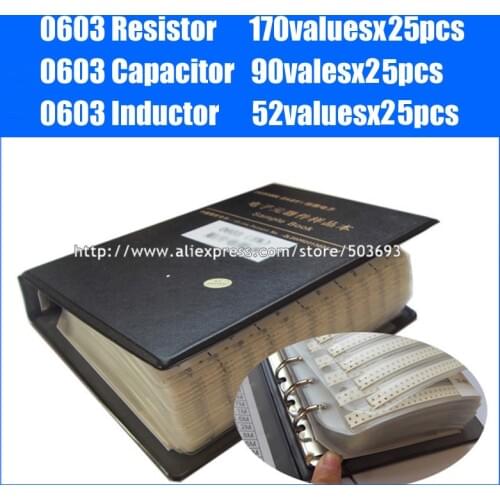 New 0603 SMD Resistor 0R~10M 1% 170valuesx25pcs + Capacitor 0.5pF~2.2uF 90valuesX25pcs + Inductor 52valuesx25pcs Sample Book