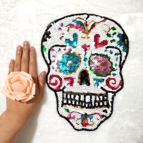 New large sequins skull patch DIY clothes patches for clothing Sew-on embroidered motif beaded applique deal with military punk