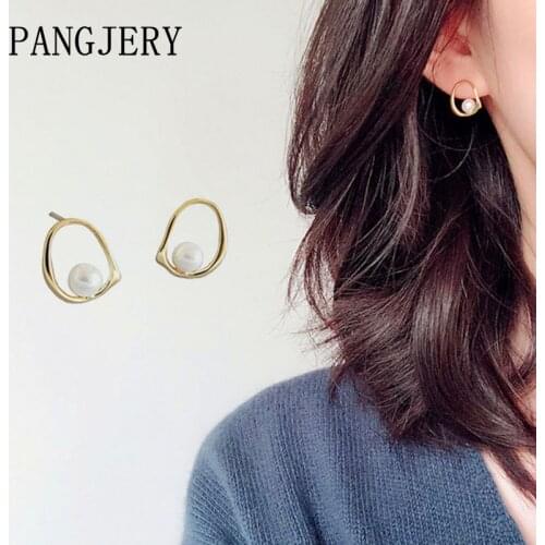 PANGJERY 925 Sterling Silver Pearl Earrings for Women INS Fashion Temperament Simple Hollow Geometric Engagement Jewelry Gifts