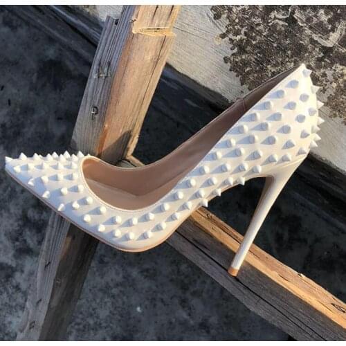 Sexy White Rivets High Heels Pumps 12cm Pointed Toe Customized Stiletto Heels Pumps Women Shoes Studded Heels Wedding Dress Shoe