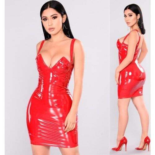 Sexy Red Black Wetlook PU Leather Bodycon Dress Summer Women Sleeveless V Neck Party Clubwear Mini Dress Vestido Sexy Clothing