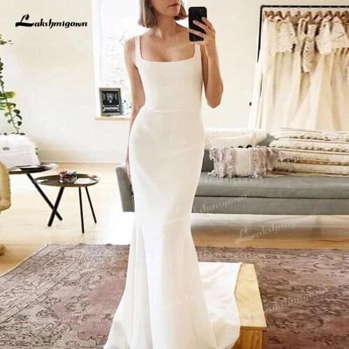 Spaghetti Strap BoHo Wedding Dresses Mermaid Soft Stain Court Train Bride Gowns Backless Sleeveless Simple Square Collar