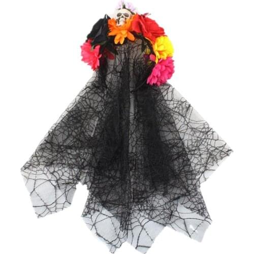 Day of the Death Headband Halloween Gothic Skull Floral Crown with Black Veil for Women Girls