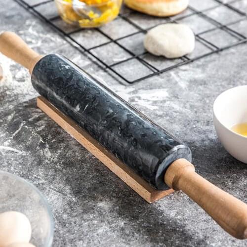 Rolling Pin With Marble Roller Solid Wood Base Home Kitchen Utensils Baking Tool Wood Handles & Cradle Gray Black White