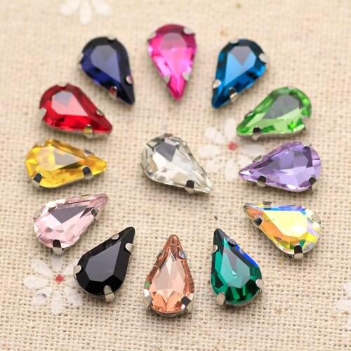 Crystal Mix Color Waterdrop Sew On Rhinestone With Claw Setting Silver Back Fancy Stone Metal Claw With Holes DIY Dress Shoes