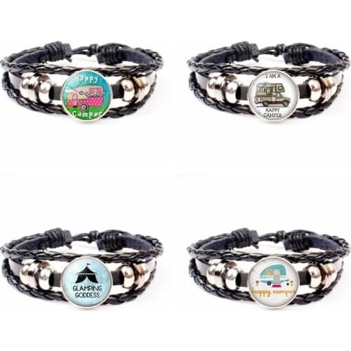 XKXLHJ New Happy Camping - Handmade Leather Bracelet Glass Lucky Bracelet with Campers Charm
