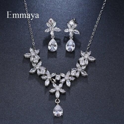 Emmaya Brand Shining Flower Shape Water Drop Pendat Cubic Zircon Crystal Earrings Necklace Set For Women Bride Jewelry Gift