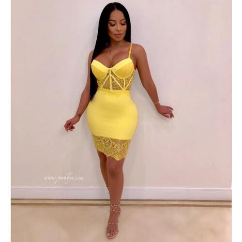 DEIVETEGER yellow black lace sexy spaghetti strap with bra bandage dress women pencil party club bodycon dress Vestidos 8191
