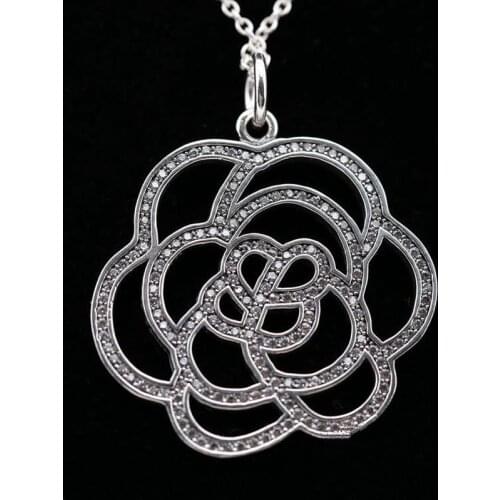 S925 Sterling Silver Necklace for Women Shimmering Rose Pendant Necklace Clear CZ Pave Crystals fit Lady Jewelry