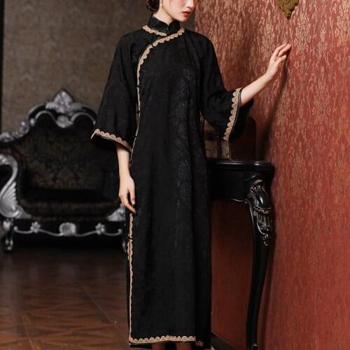 Oriental Dress Black Inverted Large Sleeved Cheongsams One Piece Loose Qipao Dresses Middle Sleeve Cheongsam Dress Woman Costume