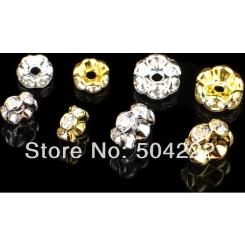 300pcs Silver or gold tone Rhinestone Rondelle Spacer Beads (5mm-10mm)mixed sizes sampler set grade A