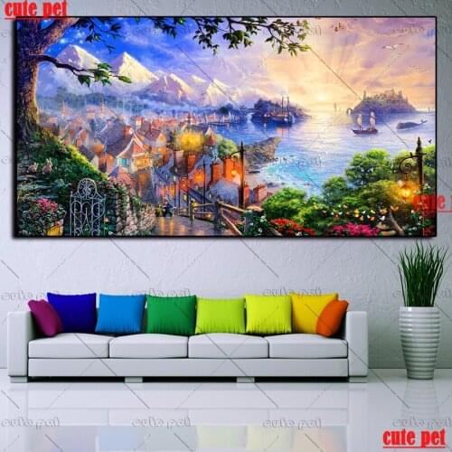 DIY Diamond Painting Seaside town sunset scenery diamond Embroidery 5d mosaic Diamond cross stitch decoracion Salon art large