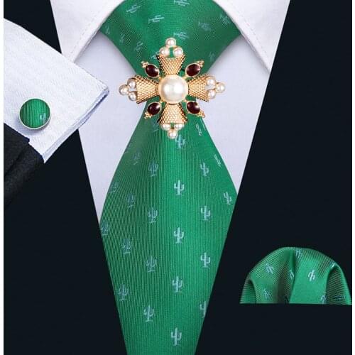 Barry.Wang New Green Wedding Tie Set Silk Fahsion Neckties Hanky Cufflinks Brooch Set For Men Gift Wedding Groom Business Party