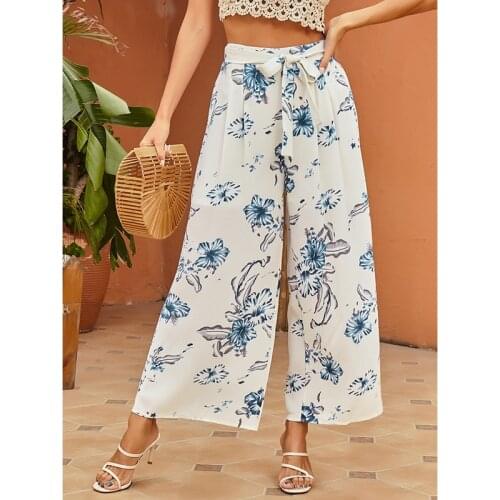 Kili Womens Printed Wide Leg High Waist Loose Straight Pants White