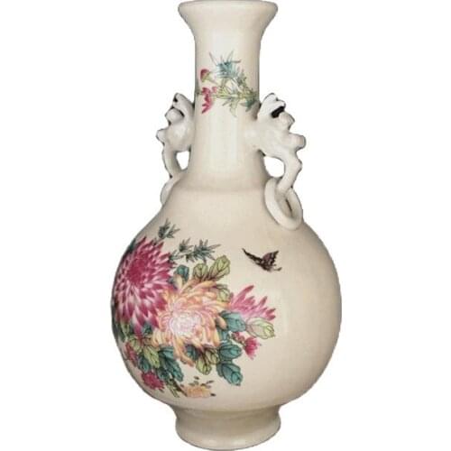 Chinese old porcelain Pastel Chrysanthemum Picture Binaural vase