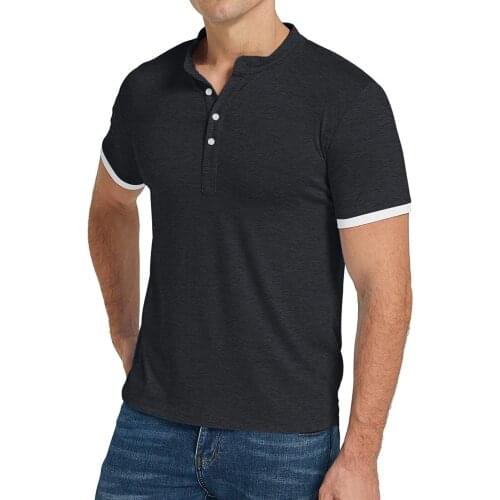 Summer Short Sleeve Mens T-Shirt Buttons Round Neck Wild Casual Daily Comfort Shirt Top Contrast Color Trim Slim High Quality