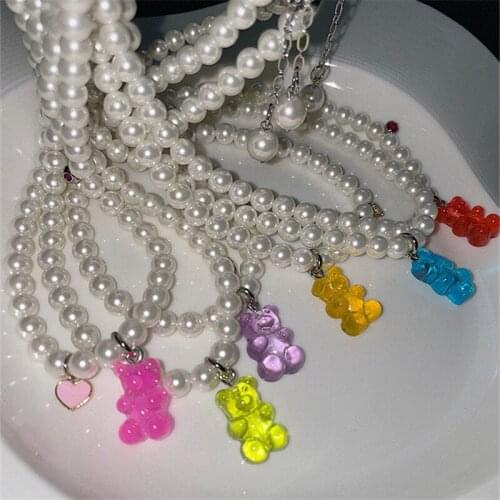 HangZhi 2021 New Colorful Transparent Resin Bear Pearl Pendant Zircon Metal Chain Necklace for Women Girls Party Jewelry Gifts