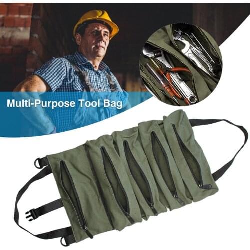 Canvas Roll Up Tool Bag Multi-Purpose Tool Organizer Pouch Army Green Zippered Carrier Tote Bag Tools Holder Gift With 5 Pockets