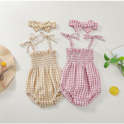 Summer New Toddler Baby Girls Plaid Clothes Romper Infant Girls Square Collar Elastic Casual Sleeveless Jumpsuit+Headband Set