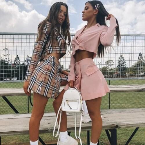 Foridol two pieces pink dress suit 2020 sexy button matching set blazer dress long sleeve black 2 piece dress set for women